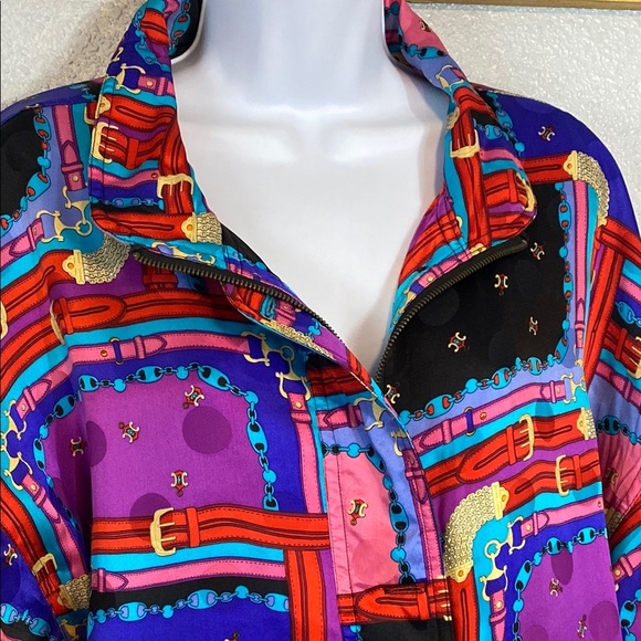 VNTG Mureli 100% Silk Vibrant Purple and Red Bomber Jacket with Artistic Flair - Picture 3 of 10